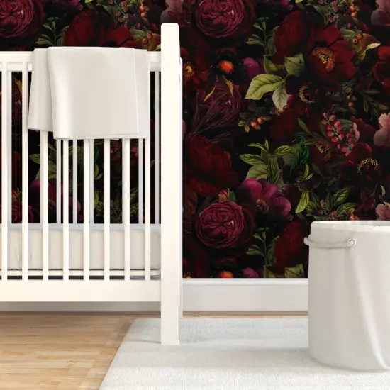 Pre-Pasted Wallpaper 2FT Wide Vintage Botanical Dark Chintz Gothic Victorian Moody Romantic Redoute Roses Large Scale Custom Pre-pasted Wallpaper by Spoonflower {7}