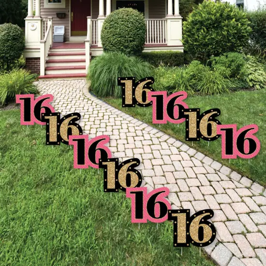 Big Dot of Happiness Chic 16th Birthday - Pink, Black and Gold Lawn Decorations - Outdoor Birthday Party Yard Decorations - 10 Piece {1}
