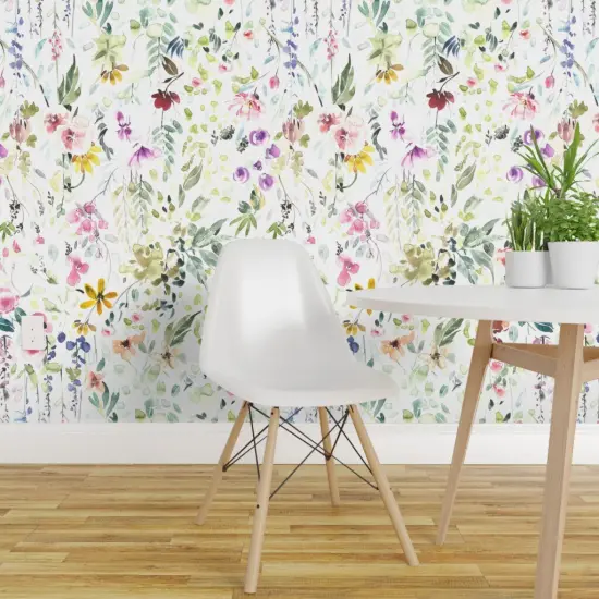 Peel & Stick Wallpaper 2FT Wide Spring Florals Wildflower Pastel Flower Blooms Watercolor Botanical Whimsical Girl Custom Removable Wallpaper by Spoonflower {1}