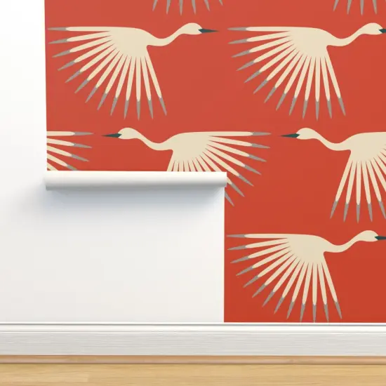 Pre-Pasted Wallpaper 2FT Wide 1920S Art Deco Swan Crane Bird Flock Migrate Fly Sunburst Fan Animal Air Formation Flight Orange Red Gray Cream Vermilion Long Neck Wings Custom Pre-pasted Wallpaper by Spoonflower {2}
