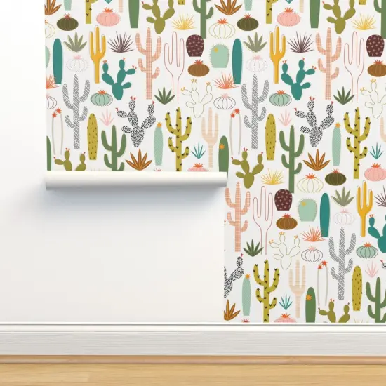 Peel & Stick Wallpaper 2FT Wide Mod Desert Cactus Garden Succulent Midcentury Modern Botanical Nature Custom Removable Wallpaper by Spoonflower {2}