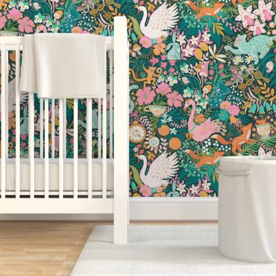 Pre-Pasted Wallpaper 2FT Wide Tea Time Teal Turquoise Keys Citrus Monkey Flamingo Swan Fox Custom Pre-pasted Wallpaper by Spoonflower {7}