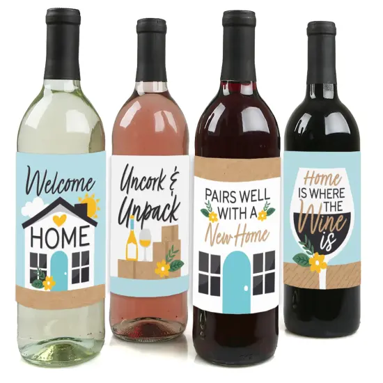 Big Dot of Happiness Welcome Home Housewarming - New Sweet Home Decorations for Women and Men - Wine Bottle Label Stickers - Set of 4 {1}