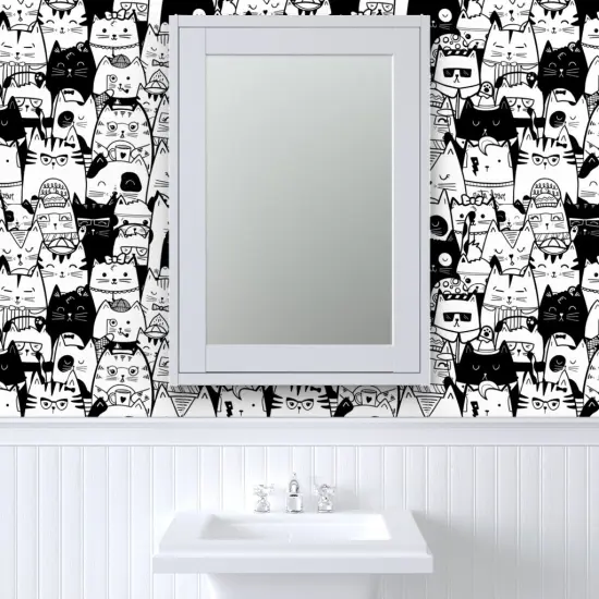 Peel & Stick Wallpaper 2FT Wide Black Cats White Rescue Cats Kids Kittens Cat Cute Funny Custom Removable Wallpaper by Spoonflower {6}
