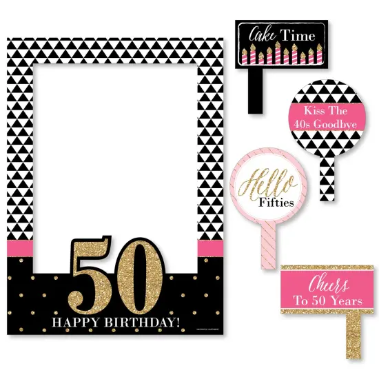 Big Dot of Happiness Chic 50th Birthday - Pink, Black and Gold - Birthday Party Selfie Photo Booth Picture Frame & Props - Printed on Sturdy Material {7}