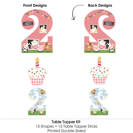 Big Dot of Happiness 2nd Birthday Girl Farm Animals - Pink Barnyard Second Birthday Party Centerpiece Sticks - Table Toppers - Set of 15 {7}