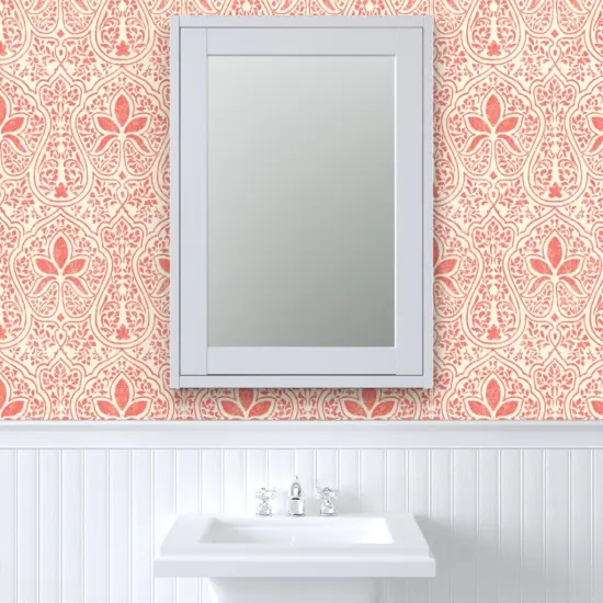 Pre-Pasted Wallpaper 2FT Wide Bohemian Coral Batik Indian Inspired Weathered Look Boho Worldly Decor Summer Pink Custom Pre-pasted Wallpaper by Spoonflower {6}