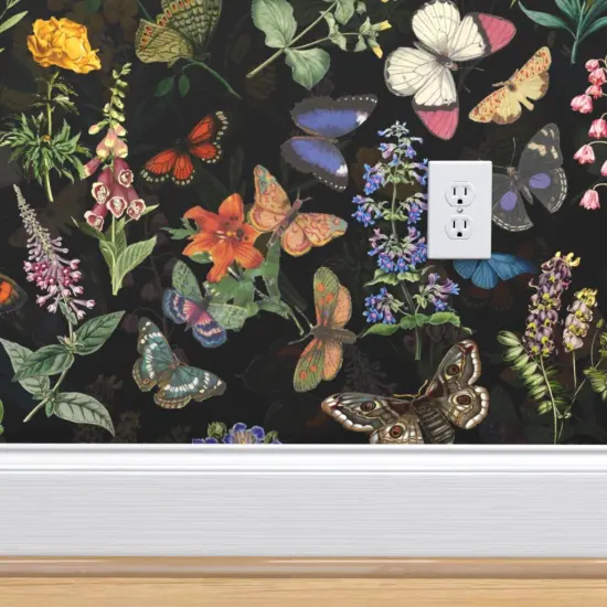 Pre-Pasted Wallpaper 2FT Wide Butterfly House Moody Floral Moths On Black Spring Flower English Cottage Shabby Chic Flowers Core Custom Pre-pasted Wallpaper by Spoonflower {4}