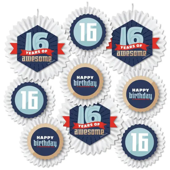 Big Dot of Happiness Boy 16th Birthday - Hanging Sweet Sixteen Birthday Party Tissue Decoration Kit - Paper Fans - Set of 9 {3}