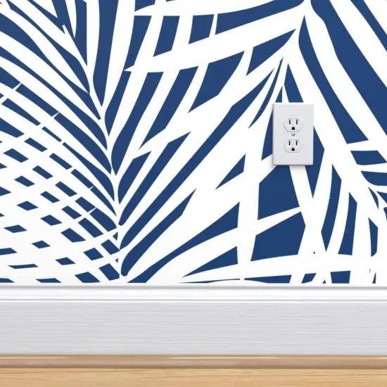 Peel & Stick Wallpaper 2FT Wide Silhouette Navy Palm Summer Tropical Blue And White Coastal Fronds Leaf Custom Removable Wallpaper by Spoonflower {4}