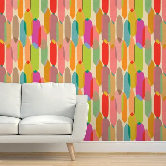 Pre-Pasted Wallpaper 2FT Wide Mid Century Modern Art Colourful Rainbow Kaleidescope Retro Pop 1950S Large Scale Textured Linen Custom Pre-pasted Wallpaper by Spoonflower {5}