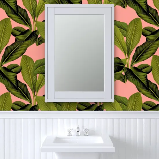Peel & Stick Wallpaper 2FT Wide Tropical Botanical Coral Pink Palm Leaves Green Tree Banana Leaf Custom Removable Wallpaper by Spoonflower {6}