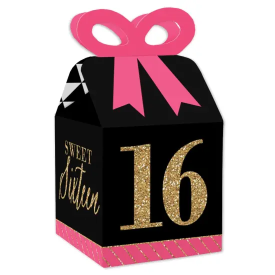 Big Dot of Happiness Chic 16th Birthday - Pink, Black and Gold - Square Favor Gift Boxes - Birthday Party Bow Boxes - Set of 12 {1}