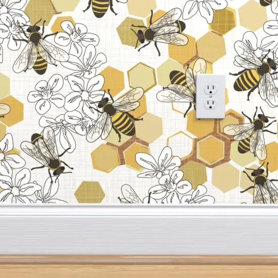 Pre-Pasted Wallpaper 2FT Wide Endangered Species Honey Bee Flowers Honeycomb Hexagon Floral Apiary Insects Bugs Custom Pre-pasted Wallpaper by Spoonflower {4}