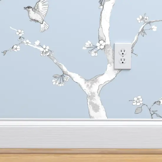 Pre-Pasted Wallpaper 2FT Wide Chinoiserie Large Scale Pastel Blue Victorian Flower Bird Romantic Custom Pre-pasted Wallpaper by Spoonflower {4}
