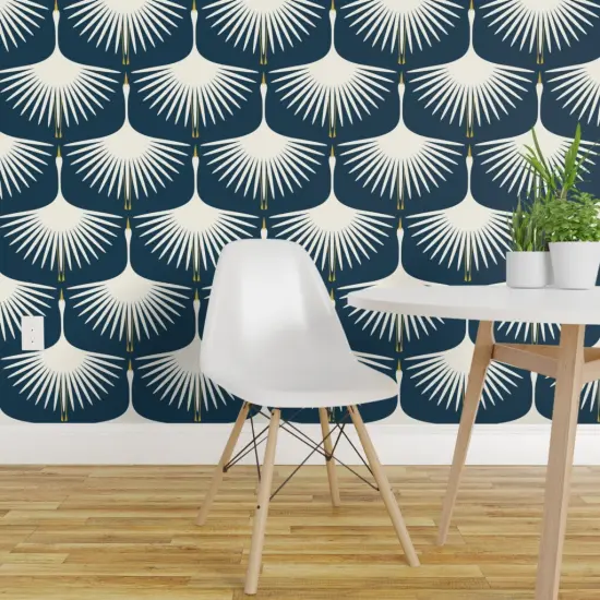 Peel & Stick Wallpaper 2FT Wide Art Deco Navy Bird Nature Swan Custom Removable Wallpaper by Spoonflower {1}