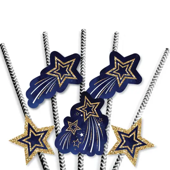 Big Dot of Happiness Starry Skies - Paper Straw Decor - Gold Celestial Party Striped Decorative Straws - Set of 24 {7}