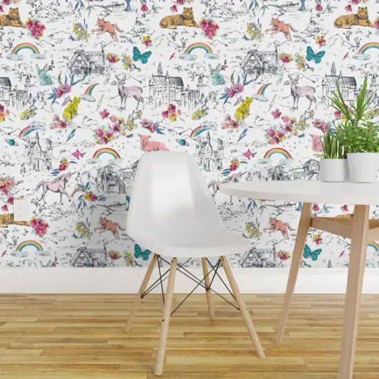 Peel & Stick Wallpaper 2FT Wide Unicorn Fairy Tale Rainbow Toile Castle Mermaid Rabbit Butterfly Bear Custom Removable Wallpaper by Spoonflower {1}