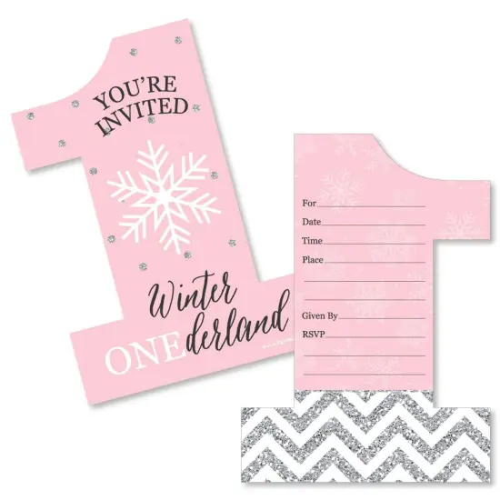 Big Dot of Happiness Pink Onederland - Shaped Fill-in Invitations - Snowflake Winter Wonderland Birthday Party Invite Cards with Envelopes - Set of 12 {1}