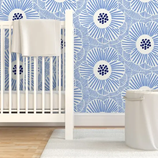 Pre-Pasted Wallpaper 2FT Wide Blue Camellia Floral Modern Abstract Hand-Drawn Large Scale Custom Pre-pasted Wallpaper by Spoonflower {7}