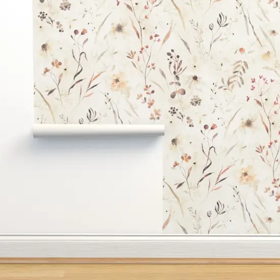 Peel & Stick Wallpaper 2FT Wide Elegant Meadow Wildflowers Hand-Painted Neutral Botanical Feminine Earth Tone Garden Custom Removable Wallpaper by Spoonflower {2}