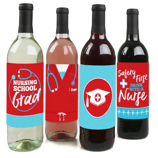 Big Dot of Happiness Nurse Graduation - Medical Nursing Graduation Party Decorations for Women and Men - Wine Bottle Label Stickers - Set of 4 {1}