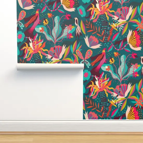 Pre-Pasted Wallpaper 2FT Wide Tropical Blooms Bright Flowers Bloom Wallpaper Tropical Midnight Exotic Rainforest Abundance Layered Adventure Surrealism Depth Palmtree Birds Custom Pre-pasted Wallpaper by Spoonflower {2}