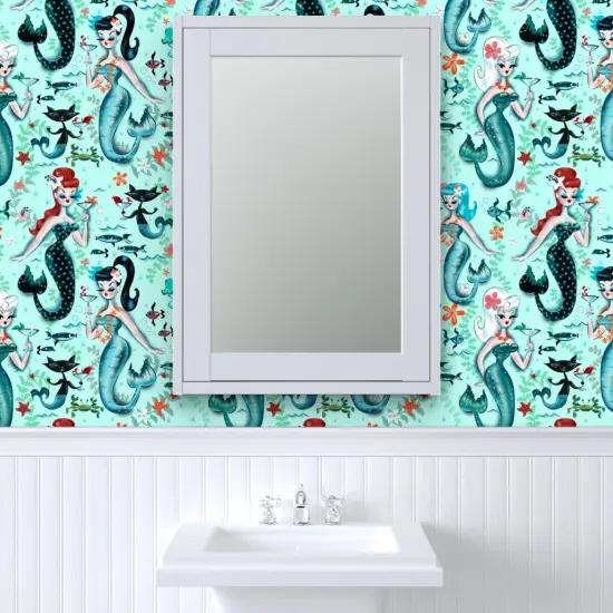 Peel & Stick Wallpaper 2FT Wide Midcentury Mod, Mermaids, Martini, Retro, Cocktail, Aqua, Cat, Starfish, Vintage, Kistch, Mod Custom Removable Wallpaper by Spoonflower {6}