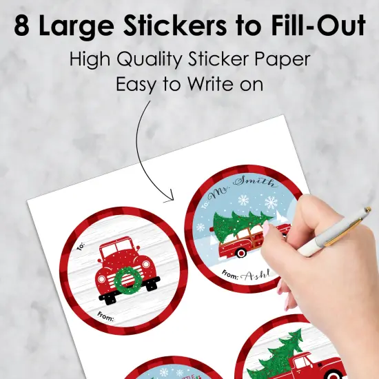Big Dot of Happiness Merry Little Christmas Tree - Round Red Truck and Car Christmas Party To and From Gift Tags - Large Stickers - Set of 8 {6}