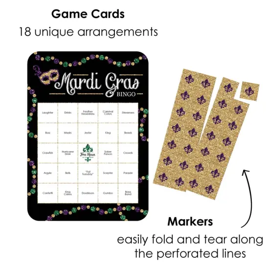 Big Dot of Happiness Mardi Gras - Bar Bingo Cards and Markers - Masquerade Party Bingo Game - Set of 18 {3}