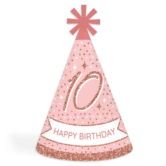 Big Dot of Happiness 10th Pink Rose Gold Birthday - Cone Happy Birthday Party Hats for Kids and Adults - Set of 8 (Standard Size) {1}