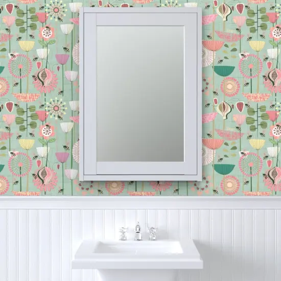 Peel & Stick Wallpaper 2FT Wide Bees Fly Pastel White Green Flowers Pink Large Atomic Style Mint Modern Custom Removable Wallpaper by Spoonflower {6}