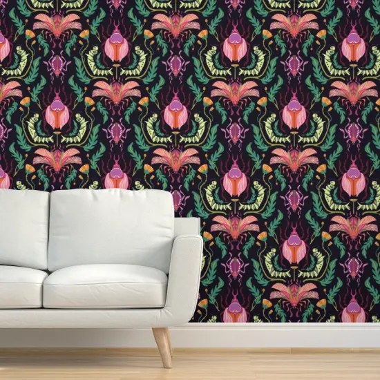 Pre-Pasted Wallpaper 2FT Wide Bugs Damask Nature Art Deco Garden Spring Kids Nouveau Black Pink Teal Beetles Dandelions Insects Caterpillar Custom Pre-pasted Wallpaper by Spoonflower {5}