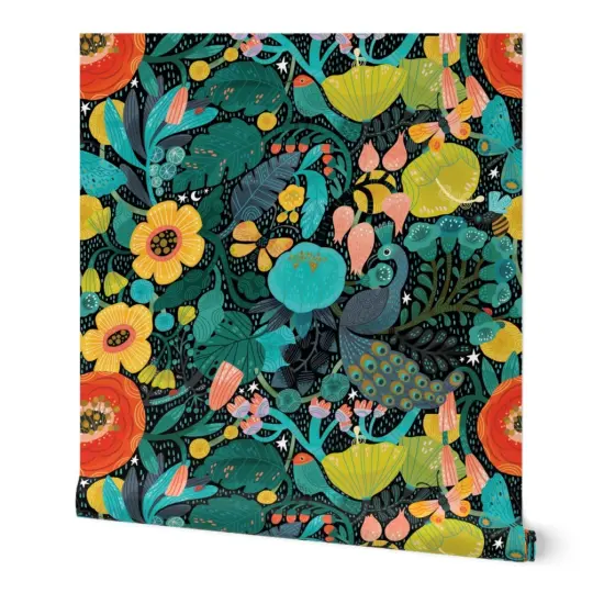 Peel & Stick Wallpaper 2FT Wide Mod Peacock Colorful Nature Floral Exotic Animal Boho Forest Modern Bird Custom Removable Wallpaper by Spoonflower {7}