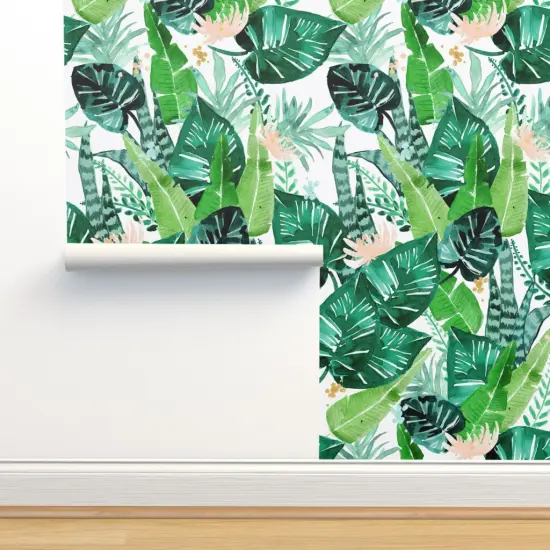 Peel & Stick Wallpaper 2FT Wide Jungle Tropical White Leaves Banana Leaf Hawaii Plant Custom Removable Wallpaper by Spoonflower {2}