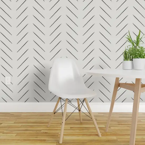 Peel & Stick Wallpaper 2FT Wide Tribal Chevron Black Bone Medium White Herringbone Monochrome Mudcloth Custom Removable Wallpaper by Spoonflower {1}