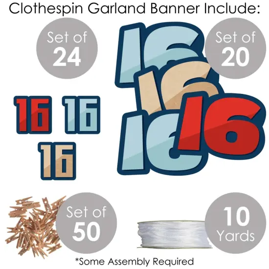 Big Dot of Happiness Boy 16th Birthday - Sweet Sixteen Birthday Party DIY Decorations - Clothespin Garland Banner - 44 Pieces {6}
