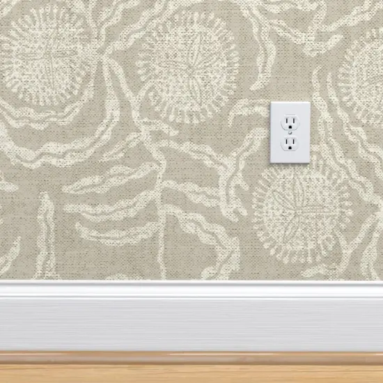 Pre-Pasted Wallpaper 2FT Wide Vintage Floral Neutral Natural Linen Look Rustic Farmhouse Transitional French Botanical Vines Leaves Faux Texture Custom Pre-pasted Wallpaper by Spoonflower {4}