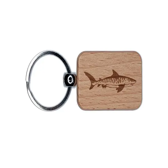 Striped Tiger Shark Engraved Wood Rectangle Keychain Tag Charm {1}