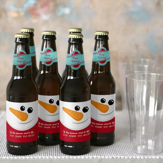 Big Dot of Happiness Let It Snow - Snowman - Holiday & Christmas Decorations for Women and Men - 6 Beer Bottle Label Stickers and 1 Carrier {6}