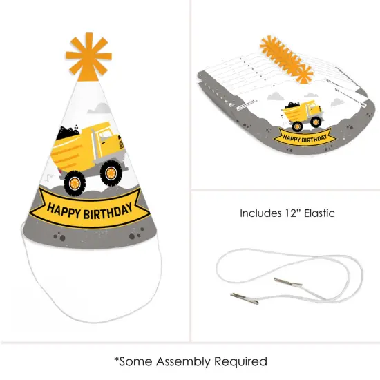 Big Dot of Happiness Dig It - Construction Party Zone - Cone Happy Birthday Party Hats for Kids and Adults - Set of 8 (Standard Size) {6}