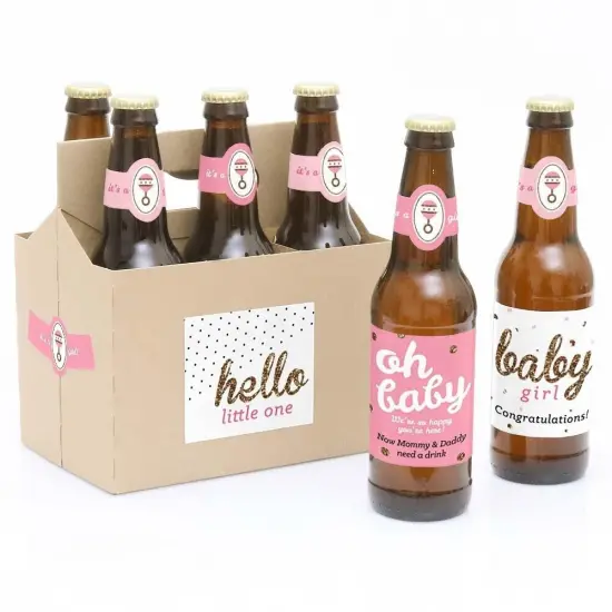 Big Dot of Happiness Hello Little One - Pink and Gold - Girl Baby Shower Decorations for Women and Men - 6 Beer Bottle Label Stickers and 1 Carrier {1}