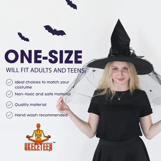 Deluxe Pointed Witch Hat - Glamorous Black Witches Accessories Fancy Satin Hat with Bow, Spiders and Black Feathers {6}