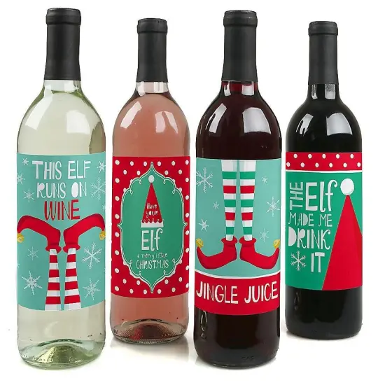 Big Dot of Happiness Elf Squad - Elf Christmas Party Decorations for Women and Men - Wine Bottle Label Stickers - Set of 4 {1}