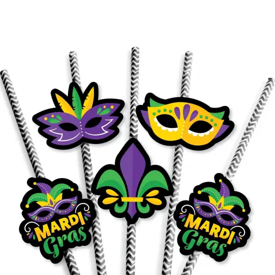 Big Dot of Happiness Colorful Mardi Gras Mask - Paper Straw Decor - Masquerade Party Striped Decorative Straws - Set of 24 {7}