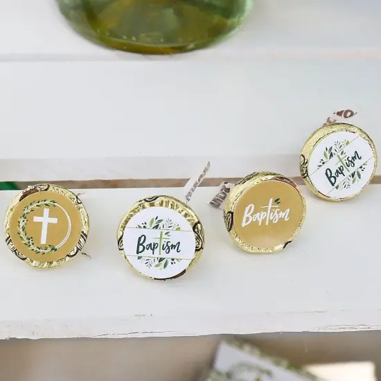 Big Dot of Happiness Baptism Elegant Cross - Religious Party Round Candy Sticker Favors - Labels Fits Chocolate Candy (1 sheet of 108) {6}