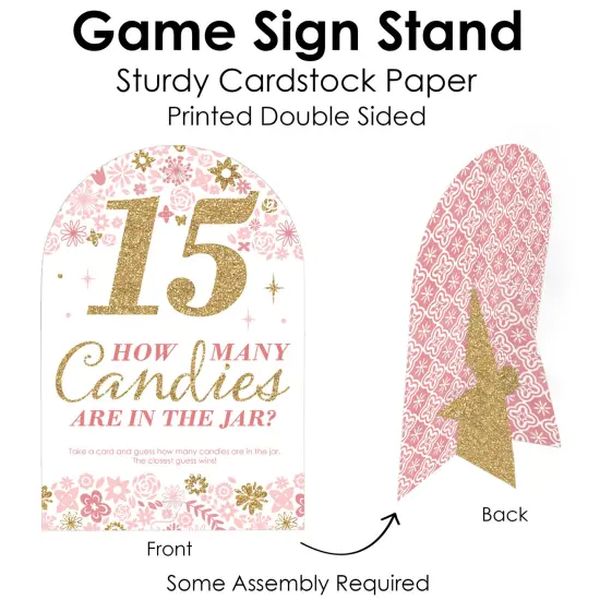 Big Dot of Happiness Mis Quince Anos - How Many Candies Quinceanera Sweet 15 Birthday Party Game - 1 Stand and 40 Cards - Candy Guessing Game {6}