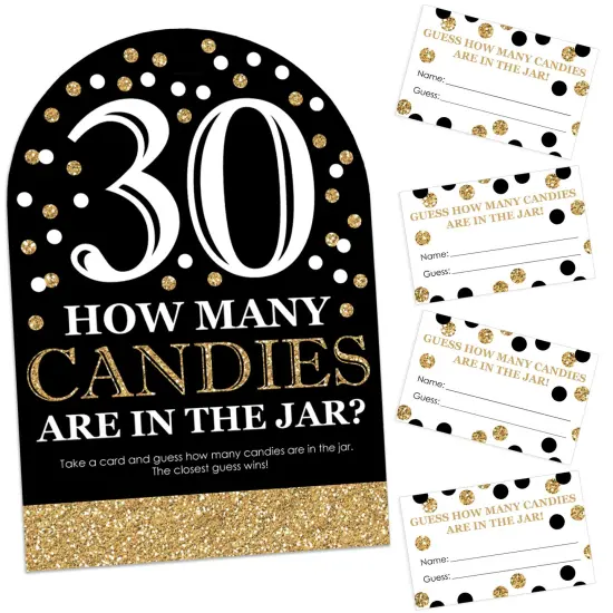 Big Dot of Happiness Adult 30th Birthday - Gold - How Many Candies Birthday Party Game - 1 Stand and 40 Cards - Candy Guessing Game {1}