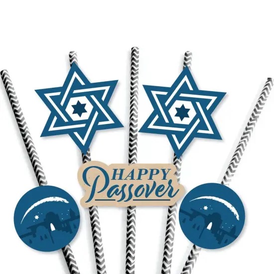 Big Dot of Happiness Happy Passover - Paper Straw Decor - Pesach Party Striped Decorative Straws - Set of 24 {7}