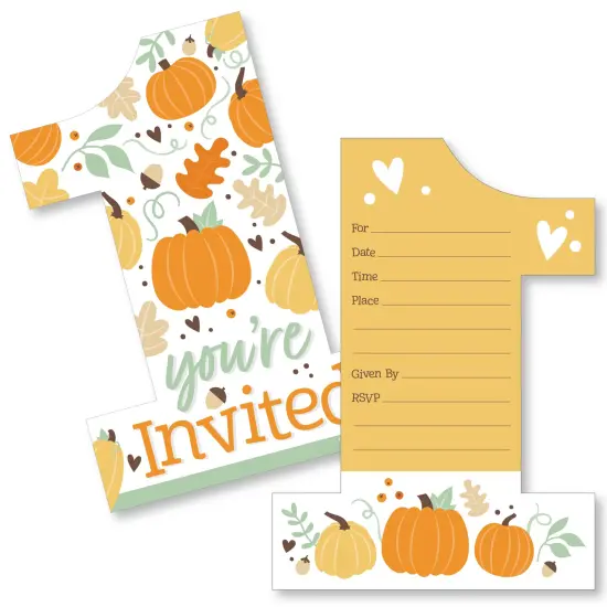 Big Dot of Happiness 1st Birthday Little Pumpkin - Shaped Fill-In Invitations - Fall First Birthday Party Invitation Cards with Envelopes - Set of 12 {1}